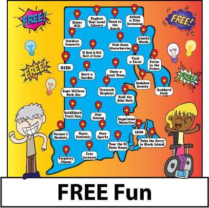A map of RI with location icons on it and ideas for different things to do that are low cost of free. A cartoon person is standing on one side and another one is sitting in a wheelchair on the other side. Bot hcharacters are smiling and cheering. The words "free!" appear above them in cartoon bursts, along with several lightbulbs.
